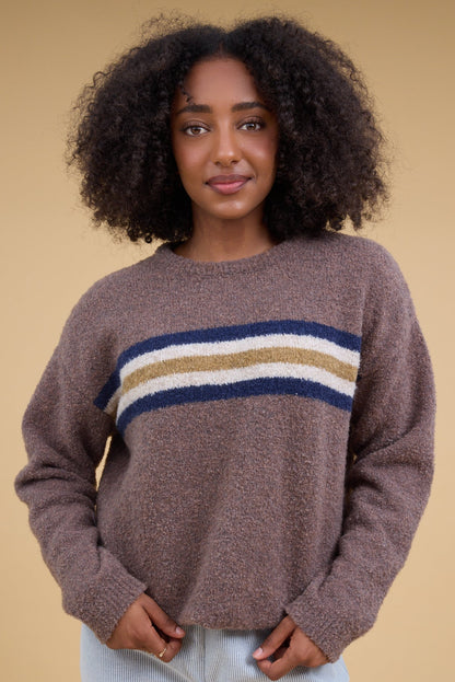 More Stripes Sweater in light brown with a wide chest stripe for women and teen girls.