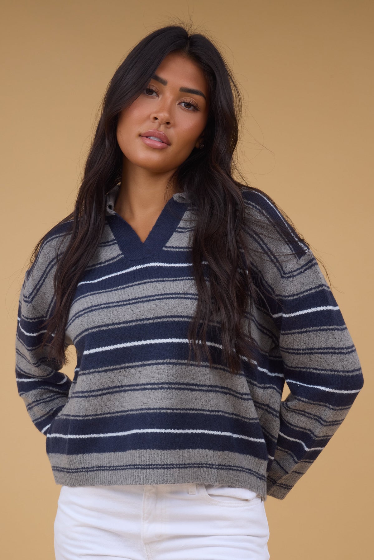 Multi-Stripe Collared Sweater in grey & navy for women and teen girls.