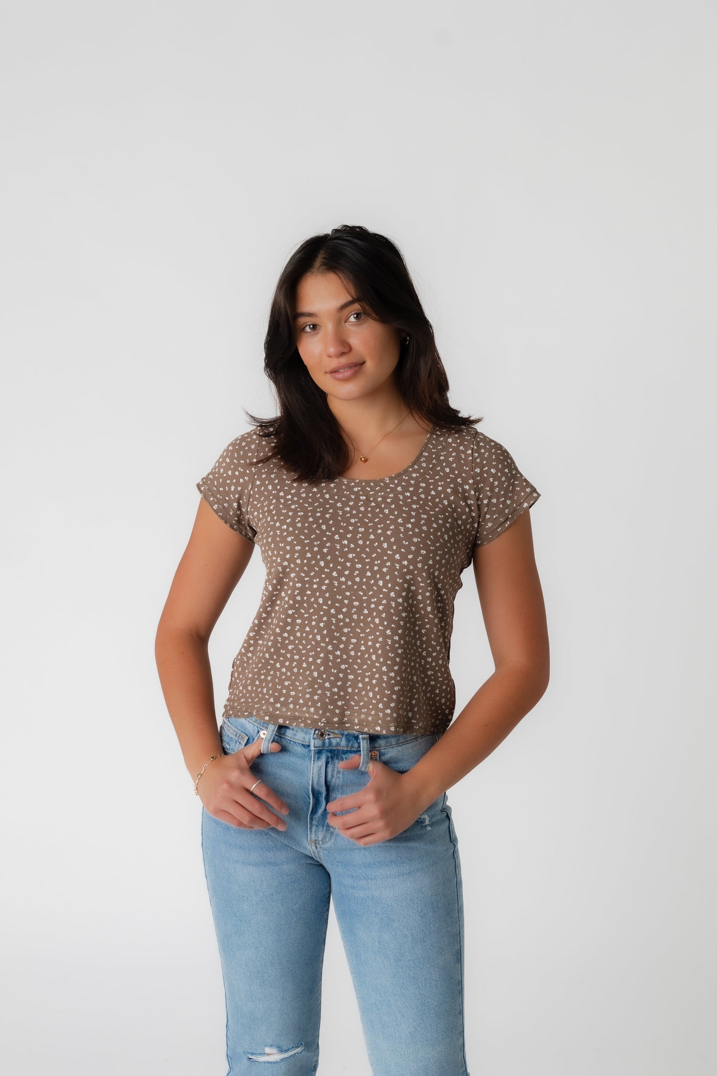 Brass & Roe Must Have Double Hem Tee WOMEN'S TOP brass & roe Brown Ditsy XS 