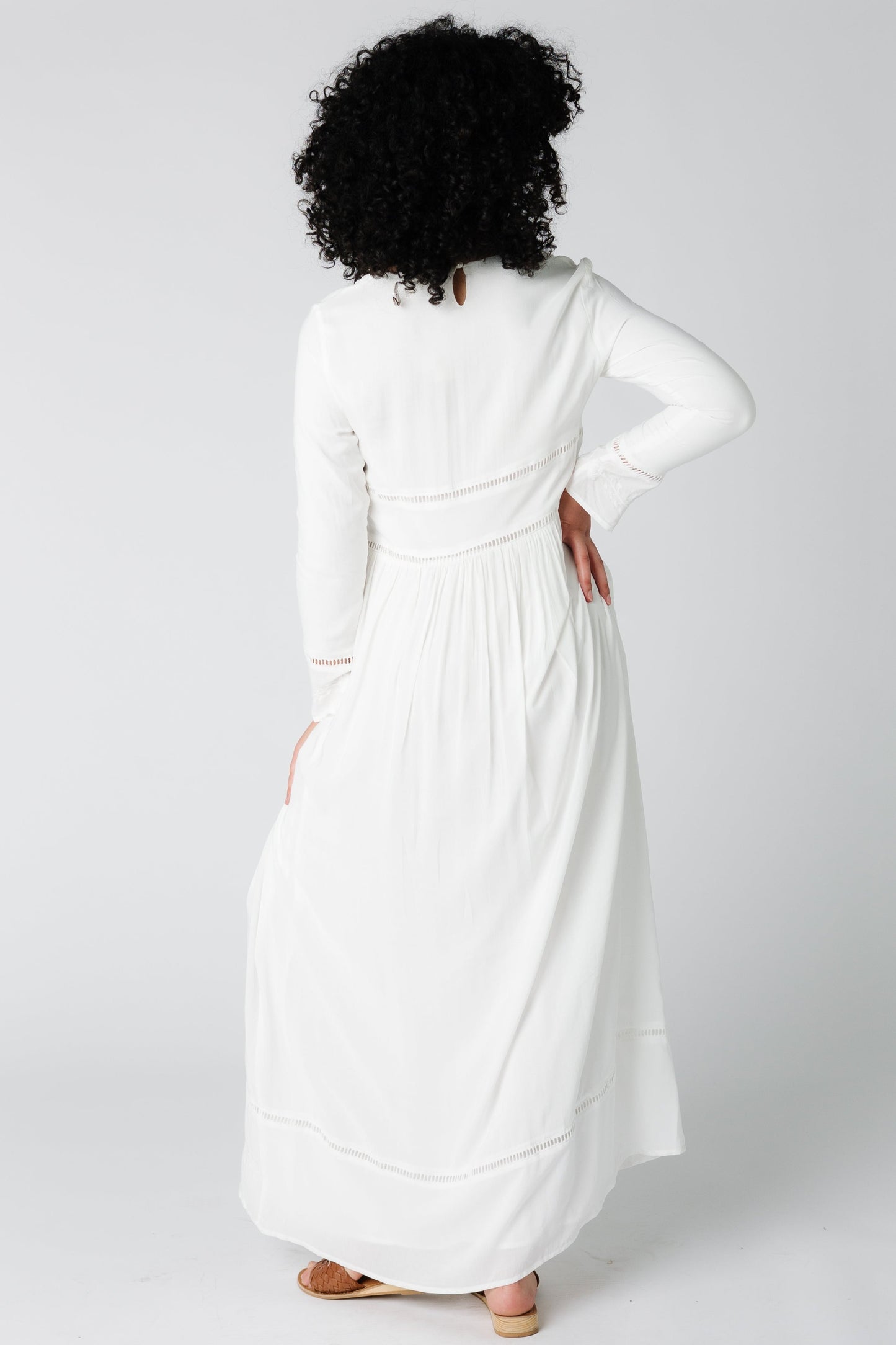 Back view of Brass & Roe Napa Embroidered Maxi Dress