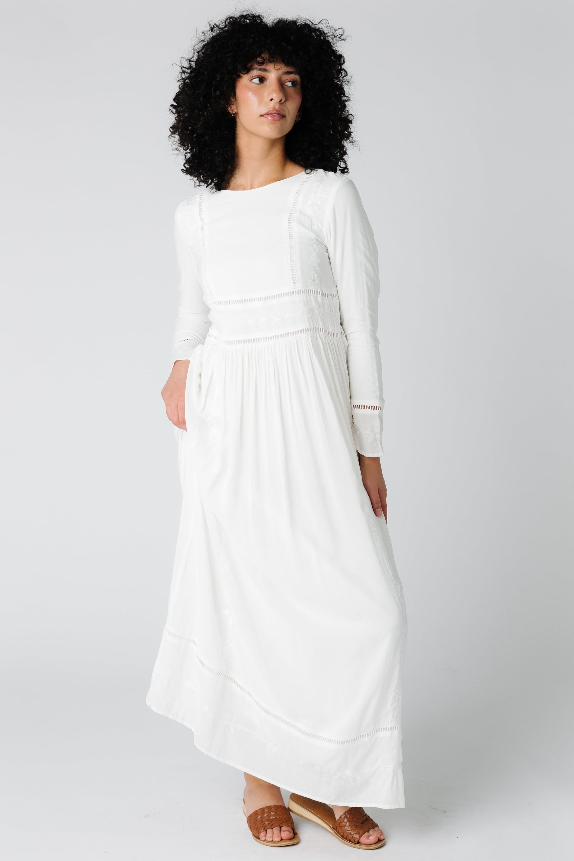 Brass & Roe Napa Embroidered Maxi Dress in all white