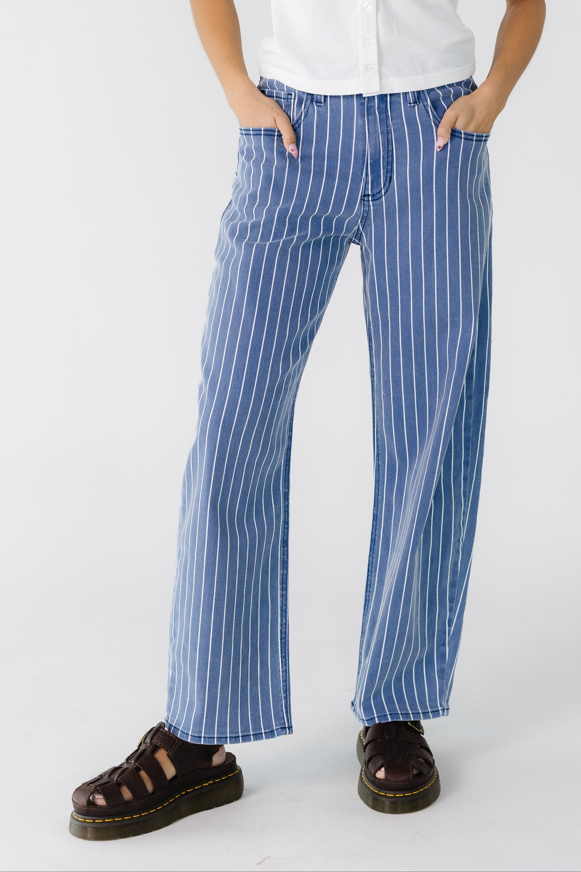 Navy Stripe Barrel Jean in a navy and white stripe barrel jeans for women and teens.
