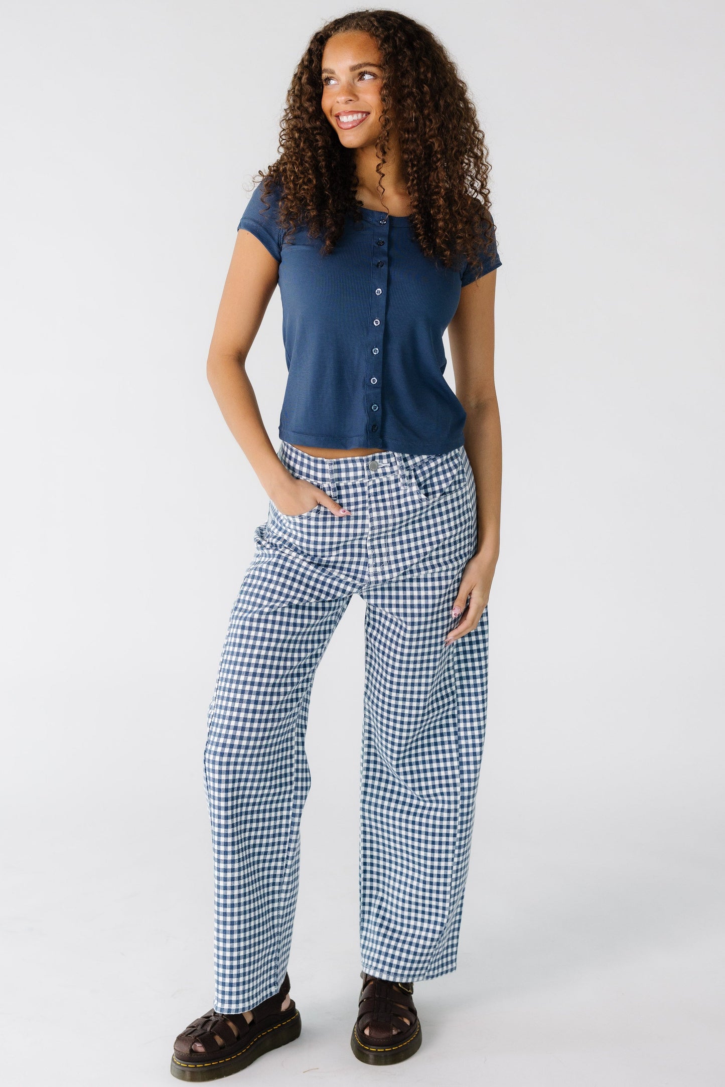 Navy Gingham Barrel Jeans WOMEN'S JEANS Just Panmaco Inc. 