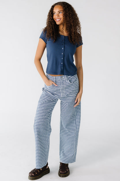 Navy Gingham Barrel Jeans WOMEN'S JEANS Just Panmaco Inc. 