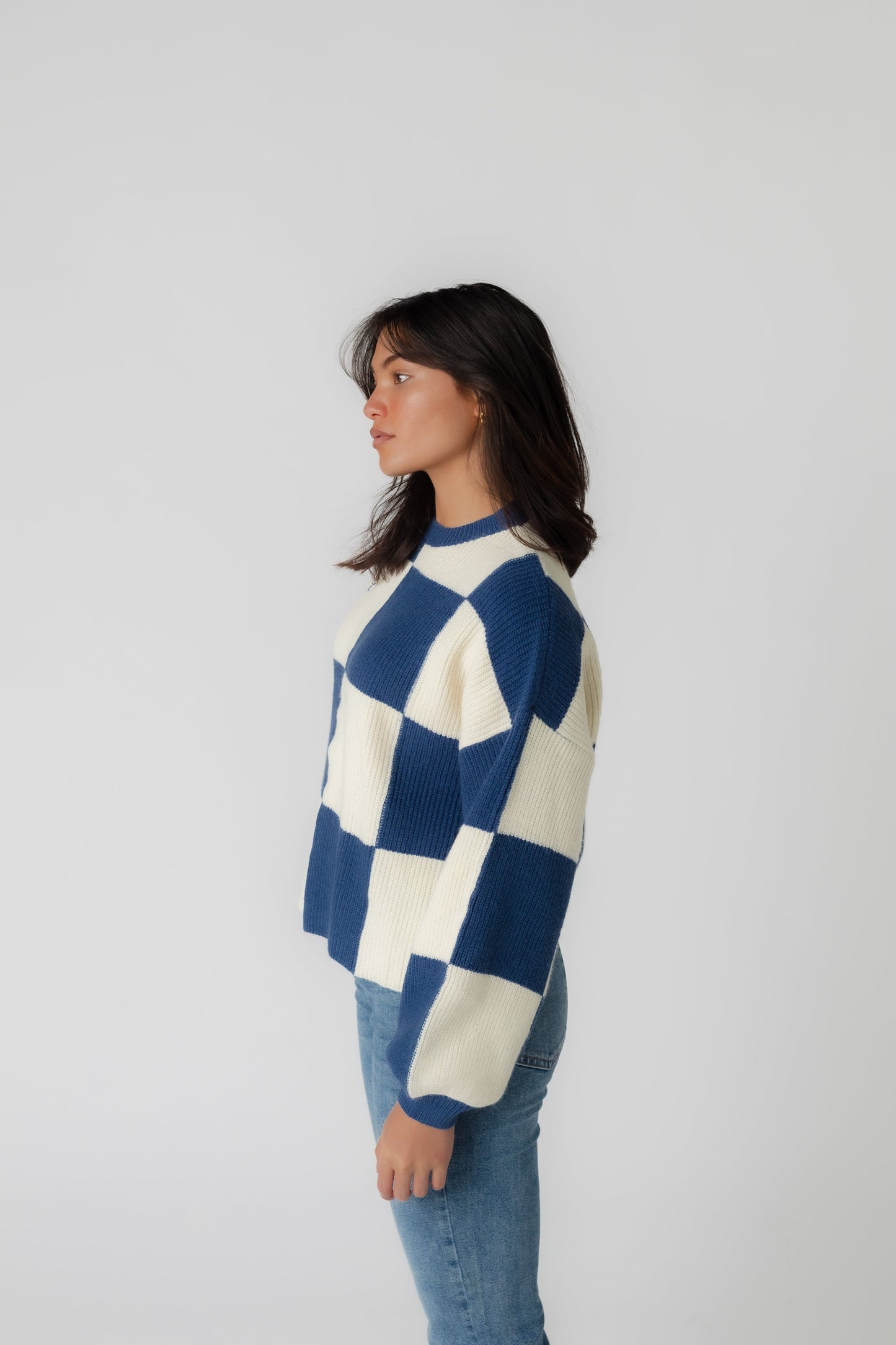 Side view of navy checker sweater