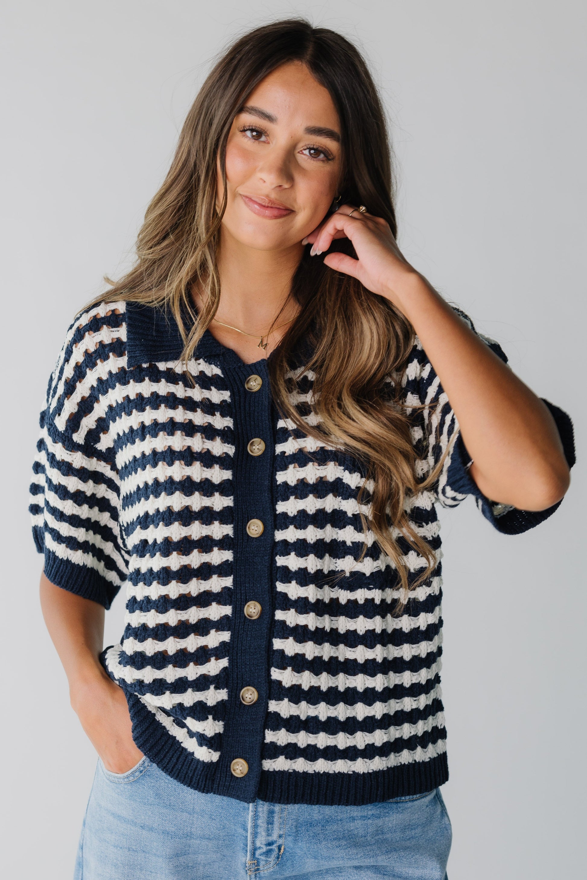 Navy and white knitted stripe with contrasting buttons