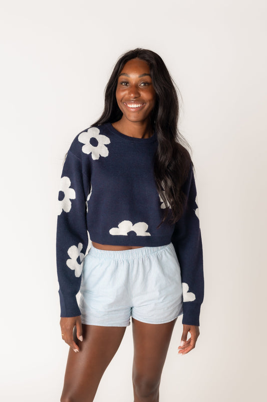 Navy floral sweater with long sleeves