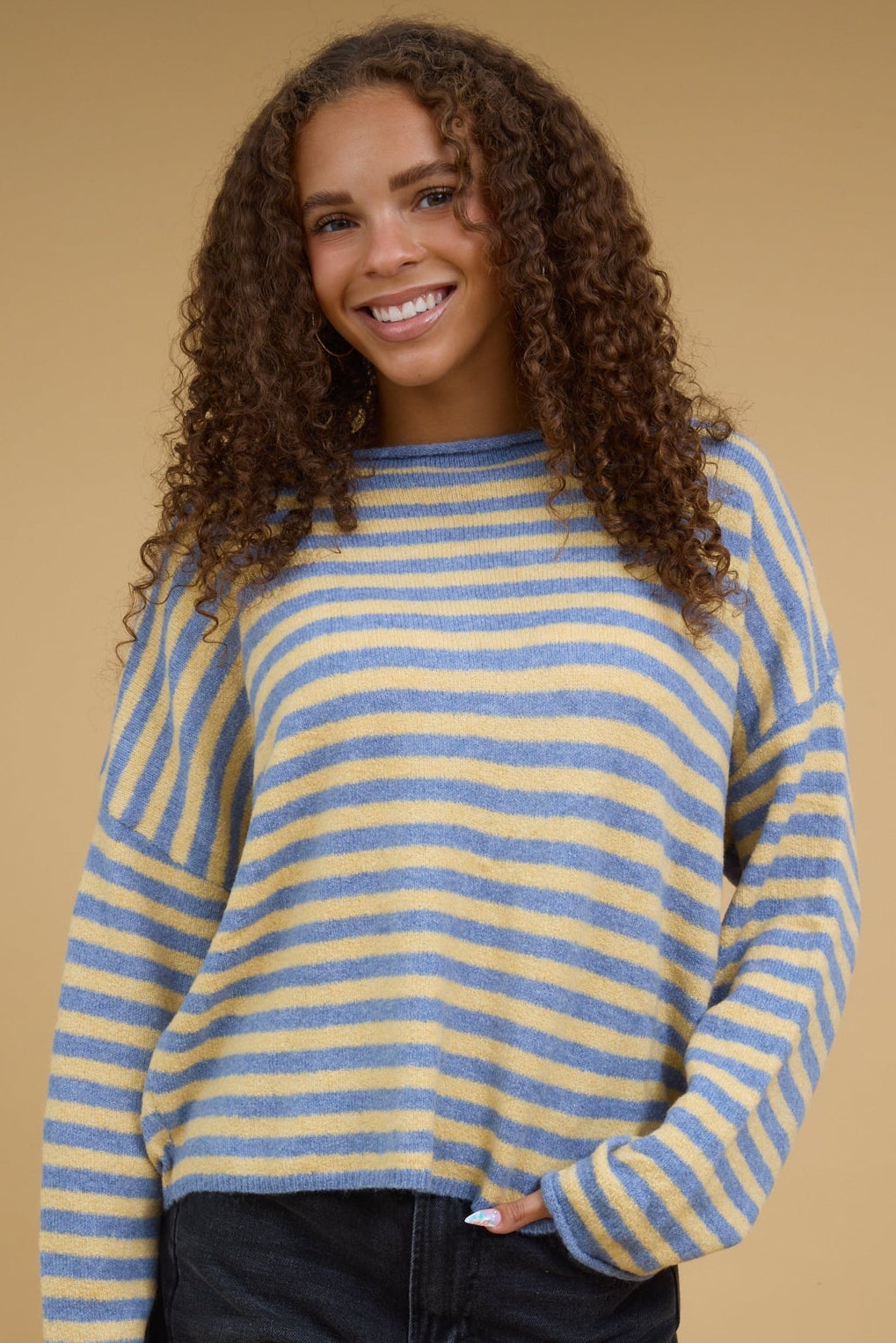 Nelly Stripe Pullover Sweater in butter yellow and blue stripe for women and teenage girls.
