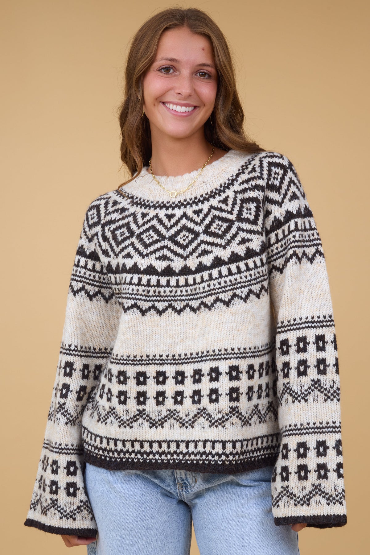 Nordique Sweater in an oatmeal & black nordic pattern for women and teen girls.