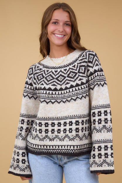 Nordique Sweater in an oatmeal & black nordic pattern for women and teen girls.