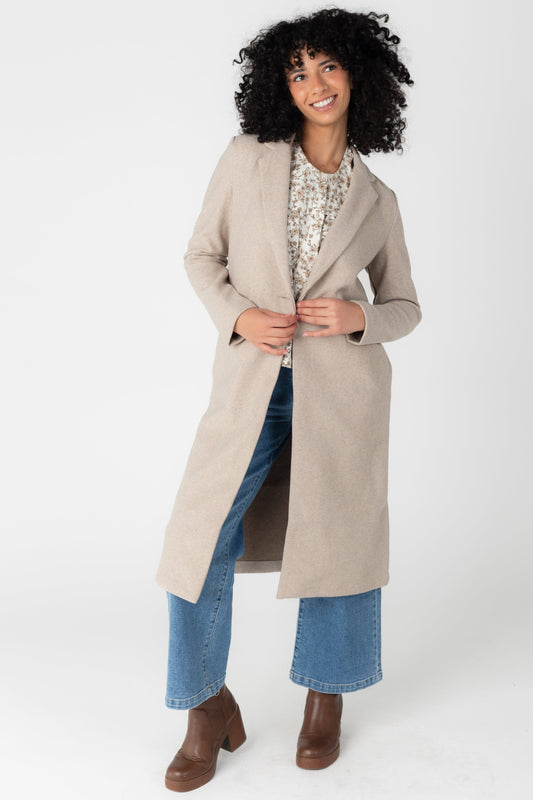 Dress length coat in oatmeal