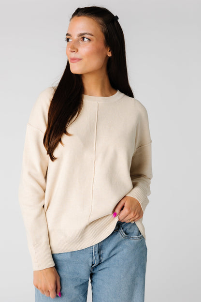 Oatmeal color long sleeve sweater with crew neckline