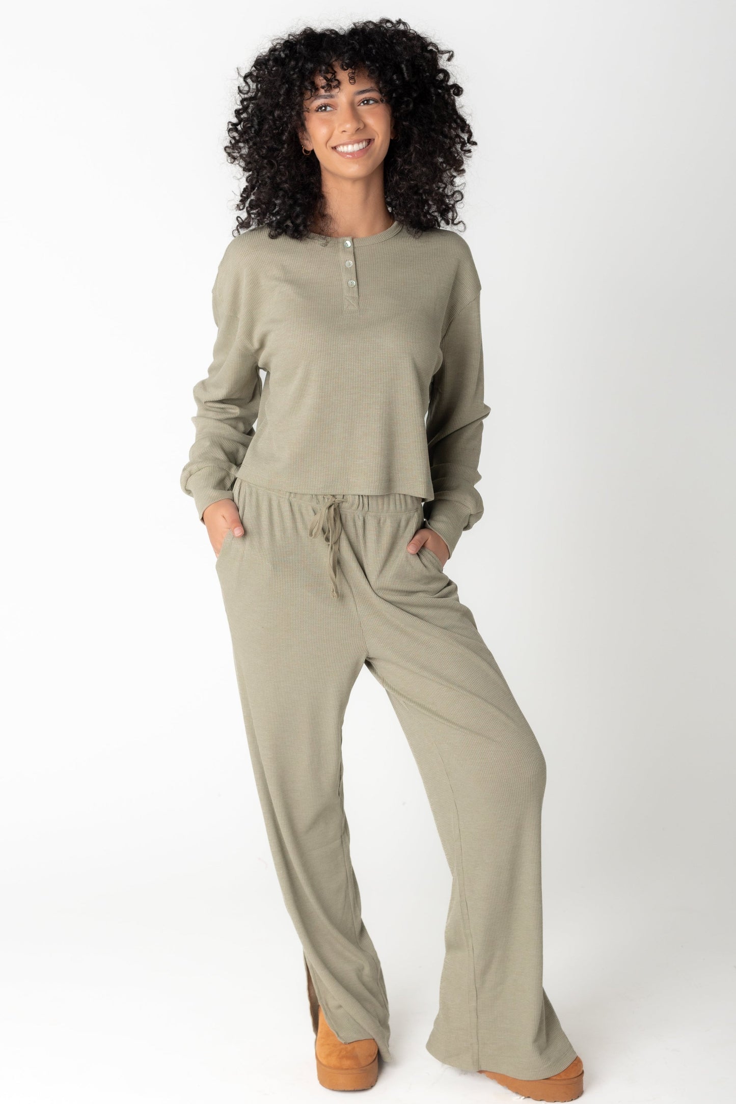 2 piece lounge set in olive with front pant pockets