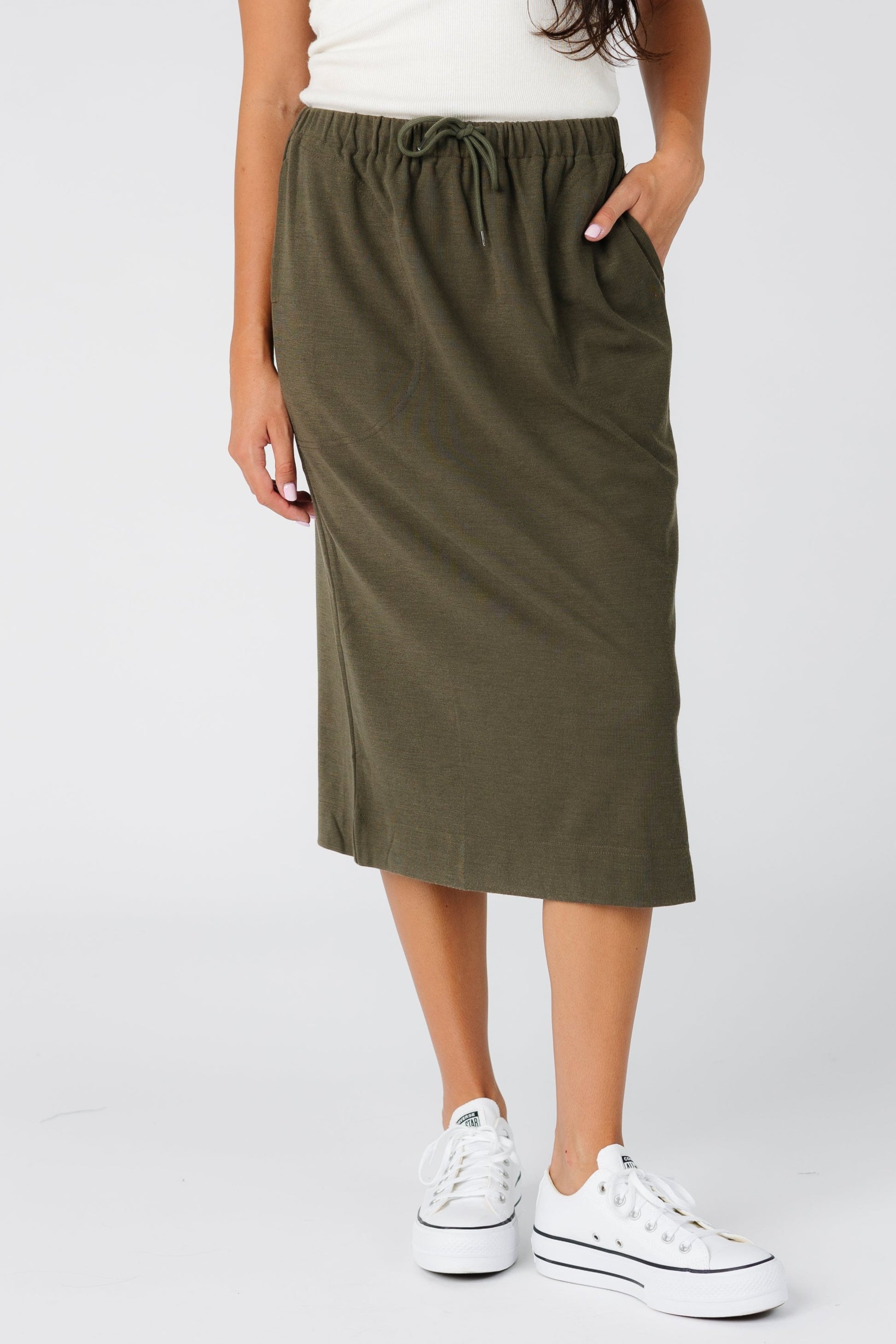 Brass & Roe olive midi skirt