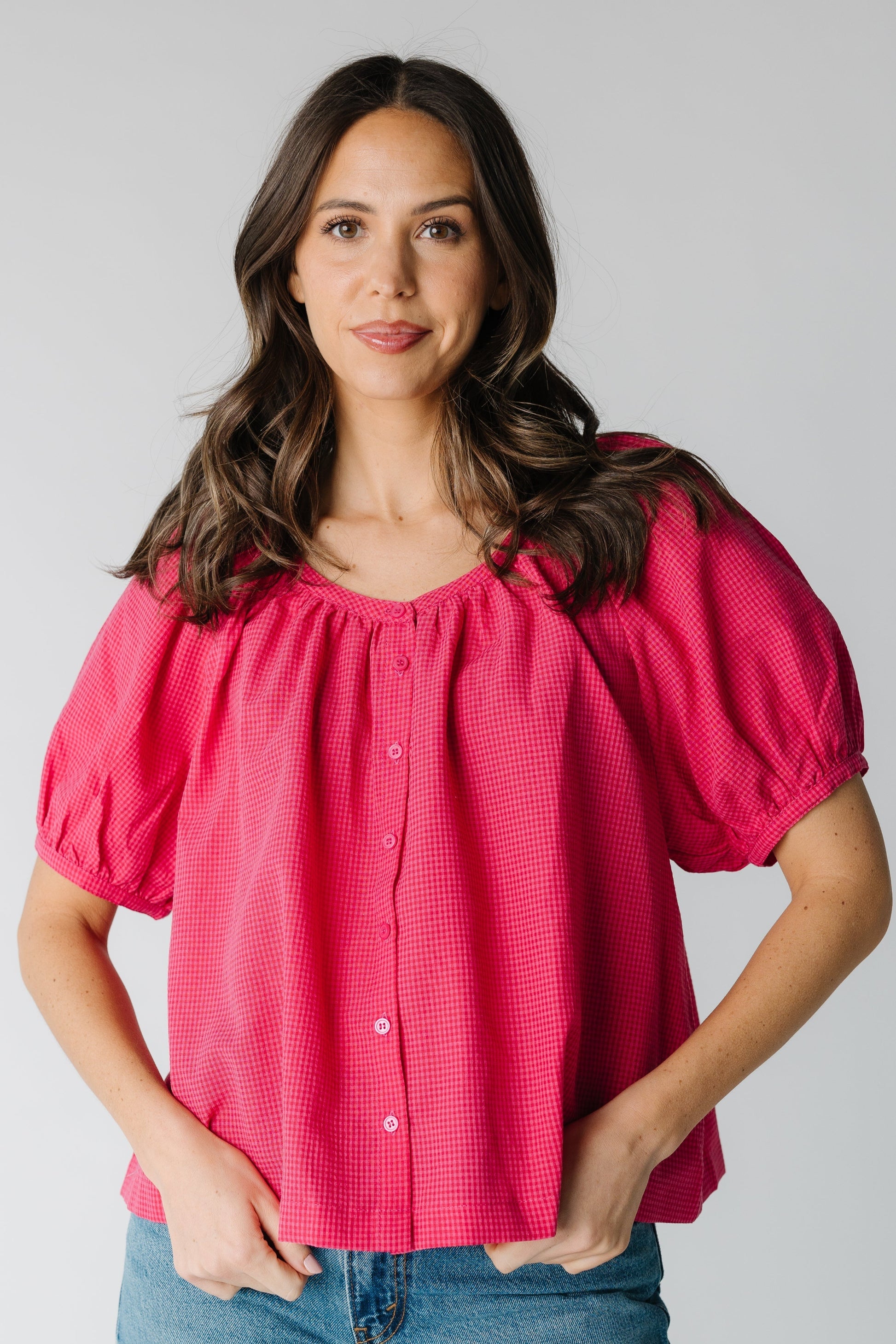 Olivia Checker Top in bright pink