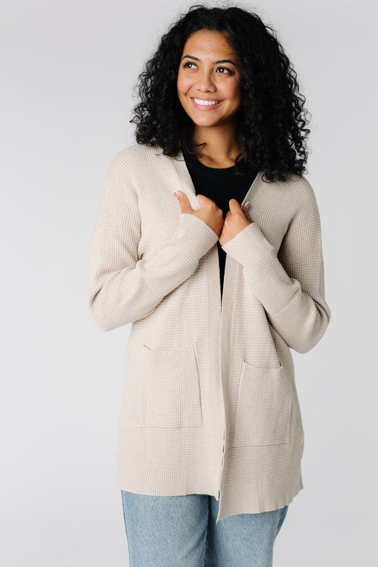 Soft waffle weave open cardigan in warm grey with long sleeves