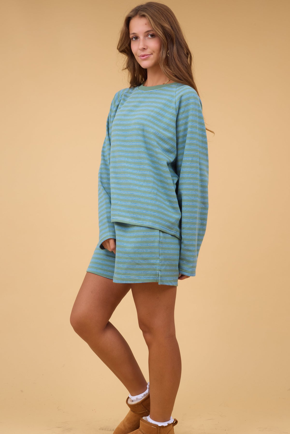 Piper Striped Short Set  in green & grey for women and teen girls.