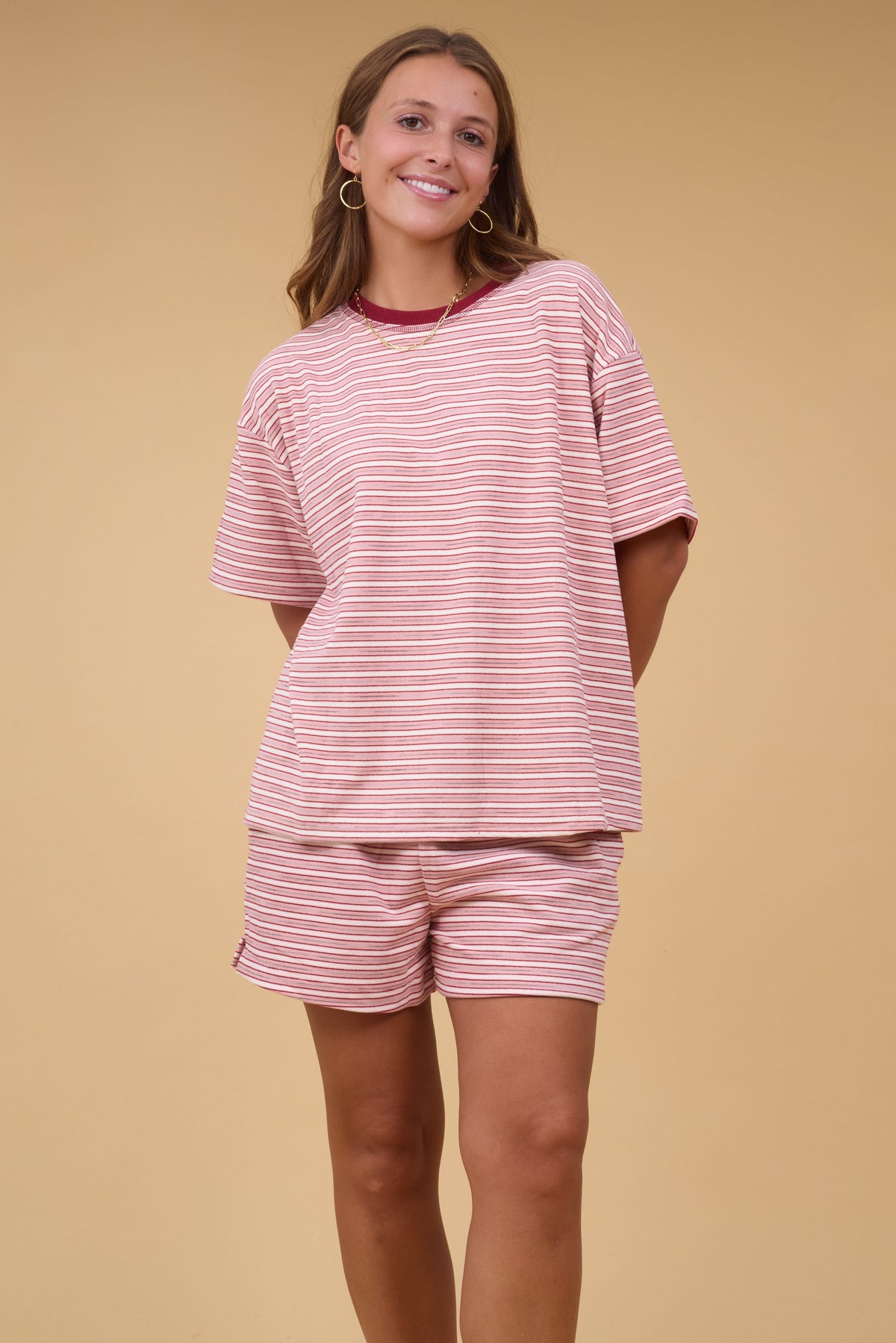 Parker Stripe Short Sleeve Top in pink & white stripe plush knit for women and teen girls.