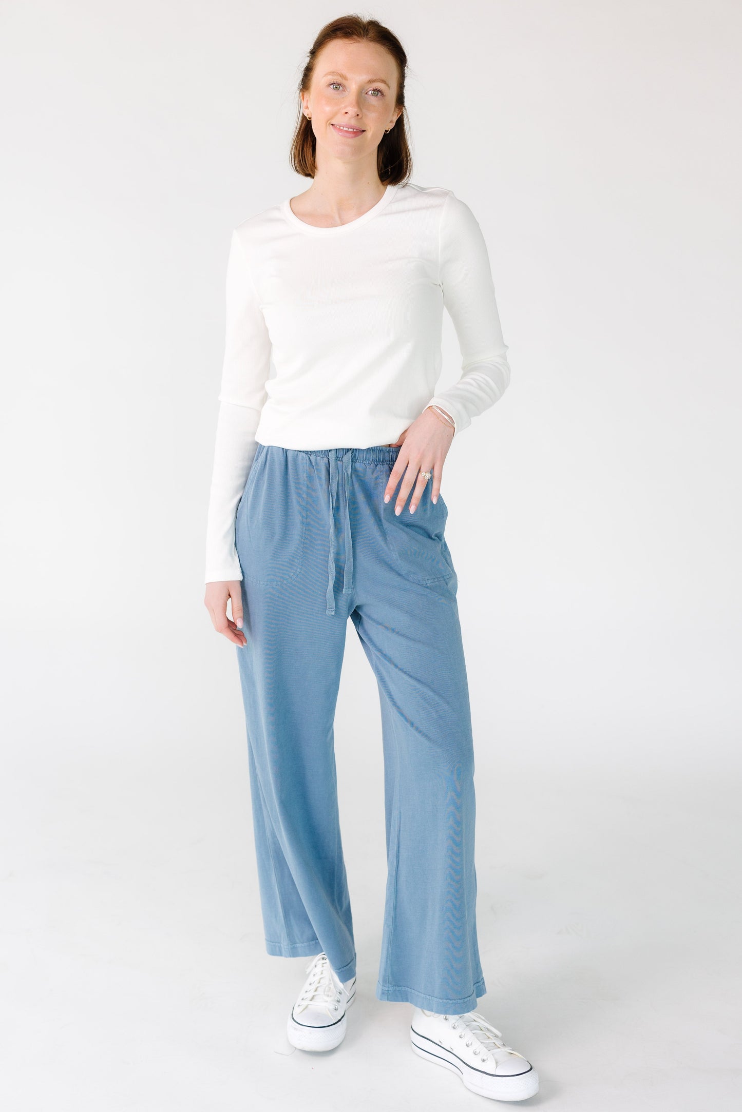 Perfect Travel Elastic Waist Pants in slate blue for women and teens.