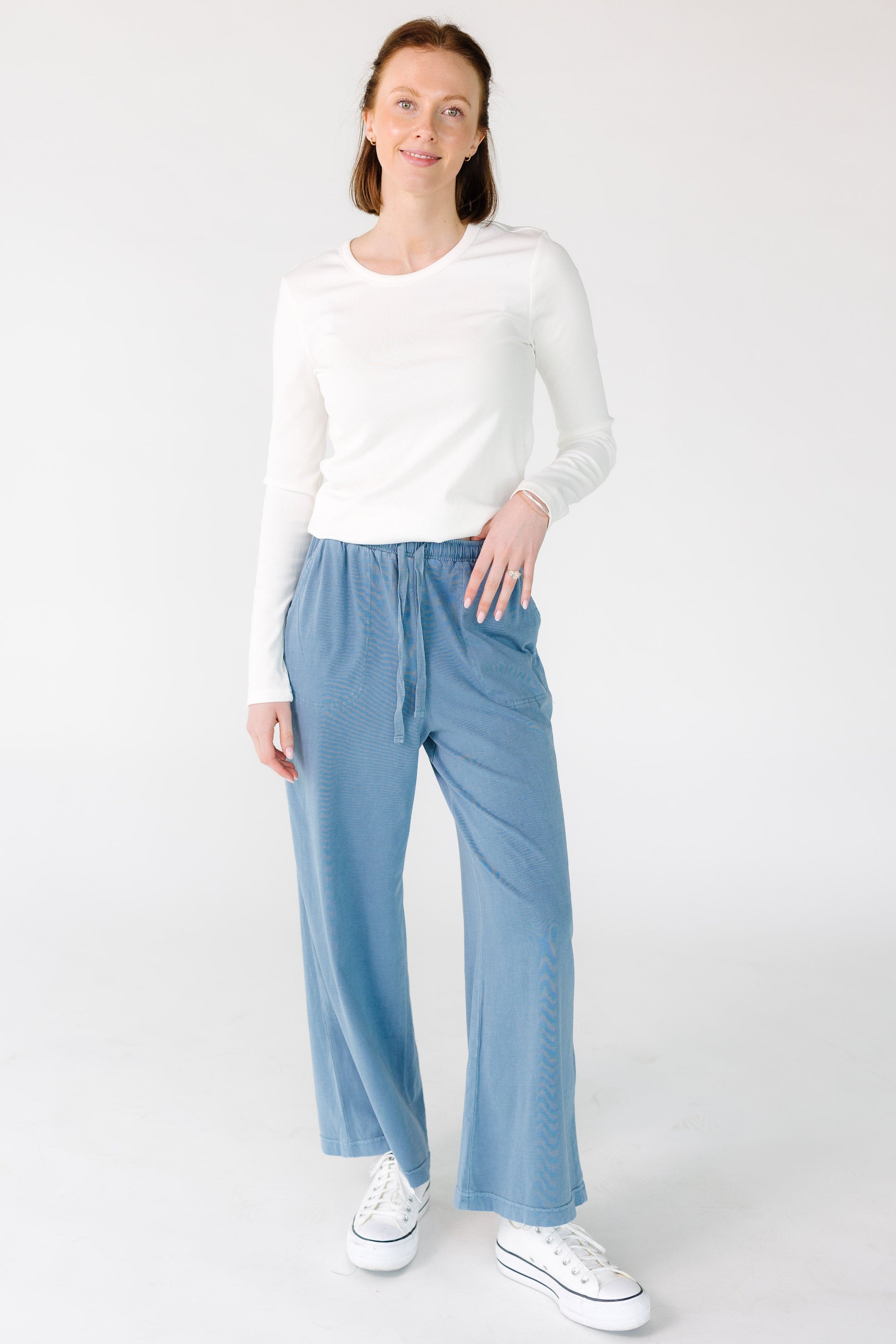 Perfect Travel Elastic Waist Pants in slate blue for women and teens.