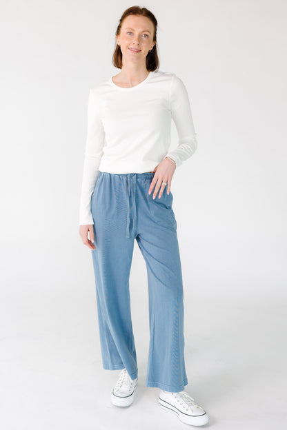 Perfect Travel Elastic Waist Pants in slate blue for women and teens.