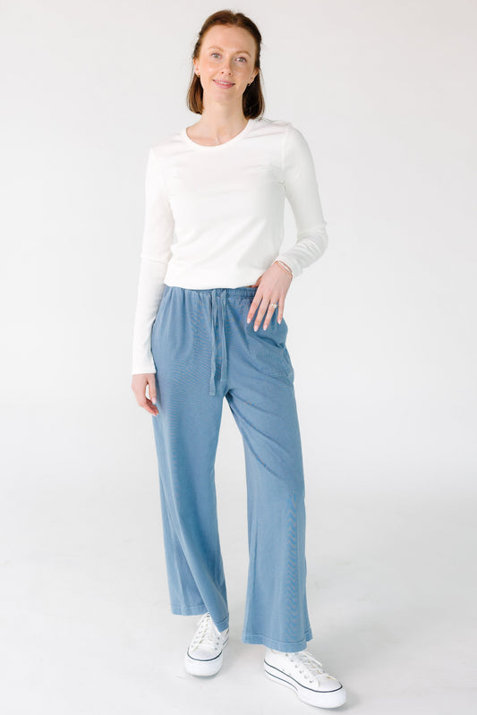 Perfect Travel Elastic Waist Pants in slate blue for women and teens.