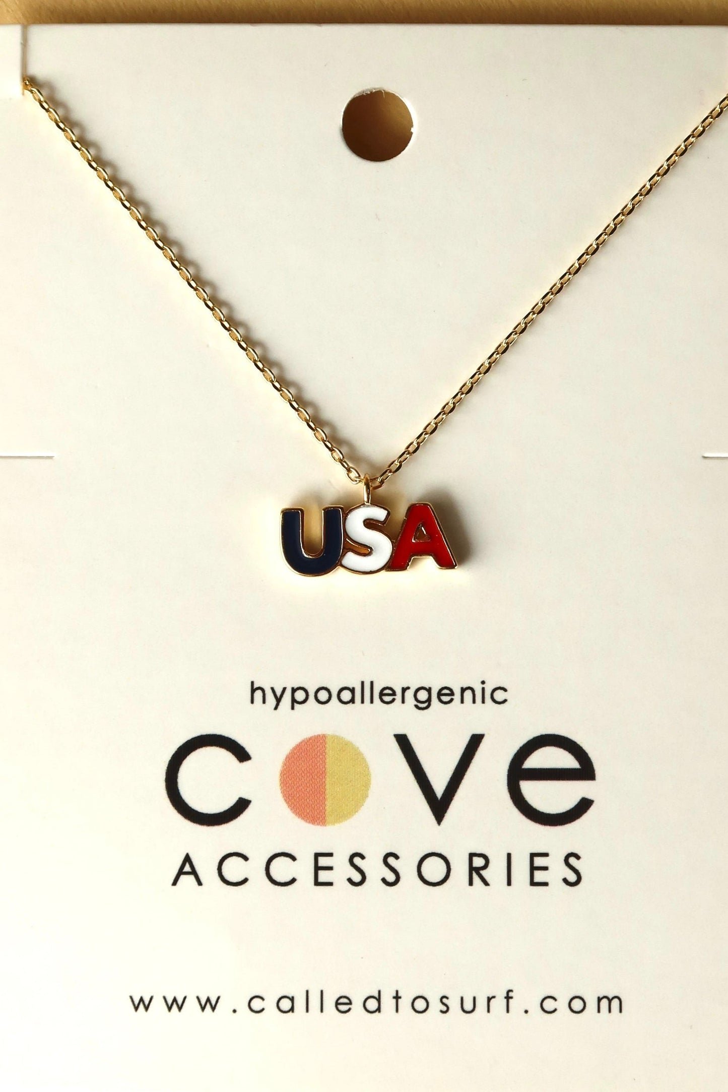 Gold plated necklace with USA in red, white & blue.