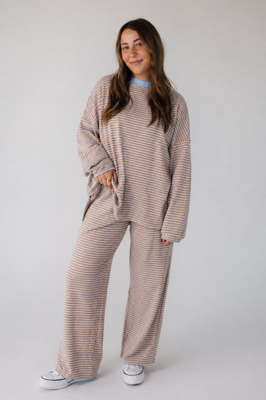 Cutie Petite Everyday Stripe Modest Set in cream, pink & blue stripe for women and teens.
