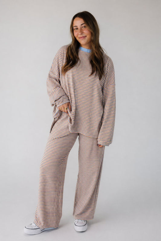 Cutie Petite Everyday Stripe Modest Set in cream, pink & blue stripe for women and teens.