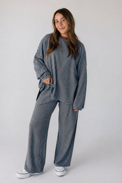 Cutie Petite Everyday Stripe Modest Set  in blue and brown stripe for women and teens.