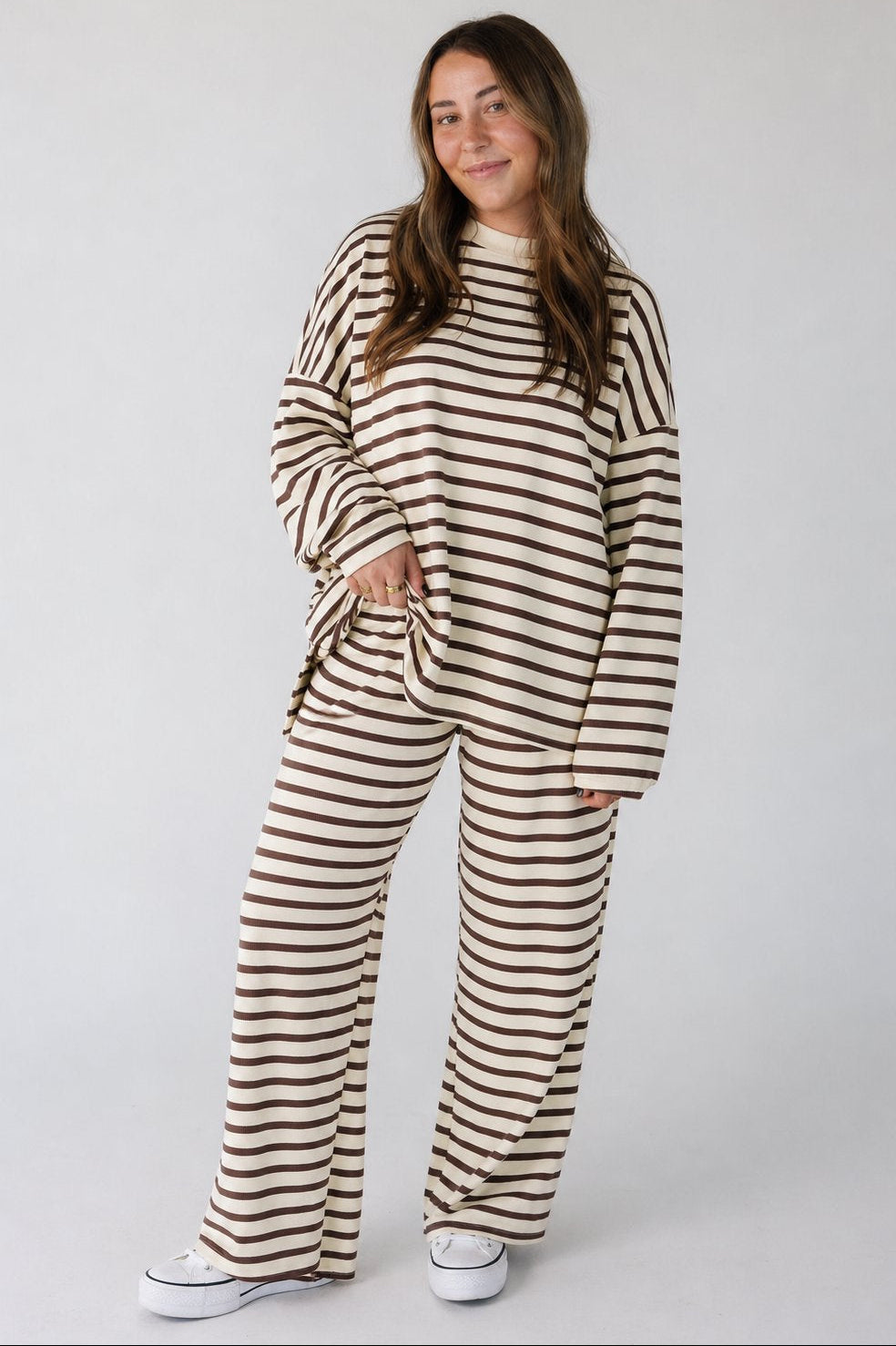 Cutie Petite Everyday Cotton Ribbed Stripe Set in tan & brown for women and teens.
