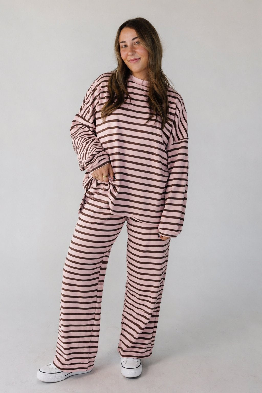 Cutie Petite Everyday Cotton Ribbed Stripe Set in pink & brown stripe for women and teens. 