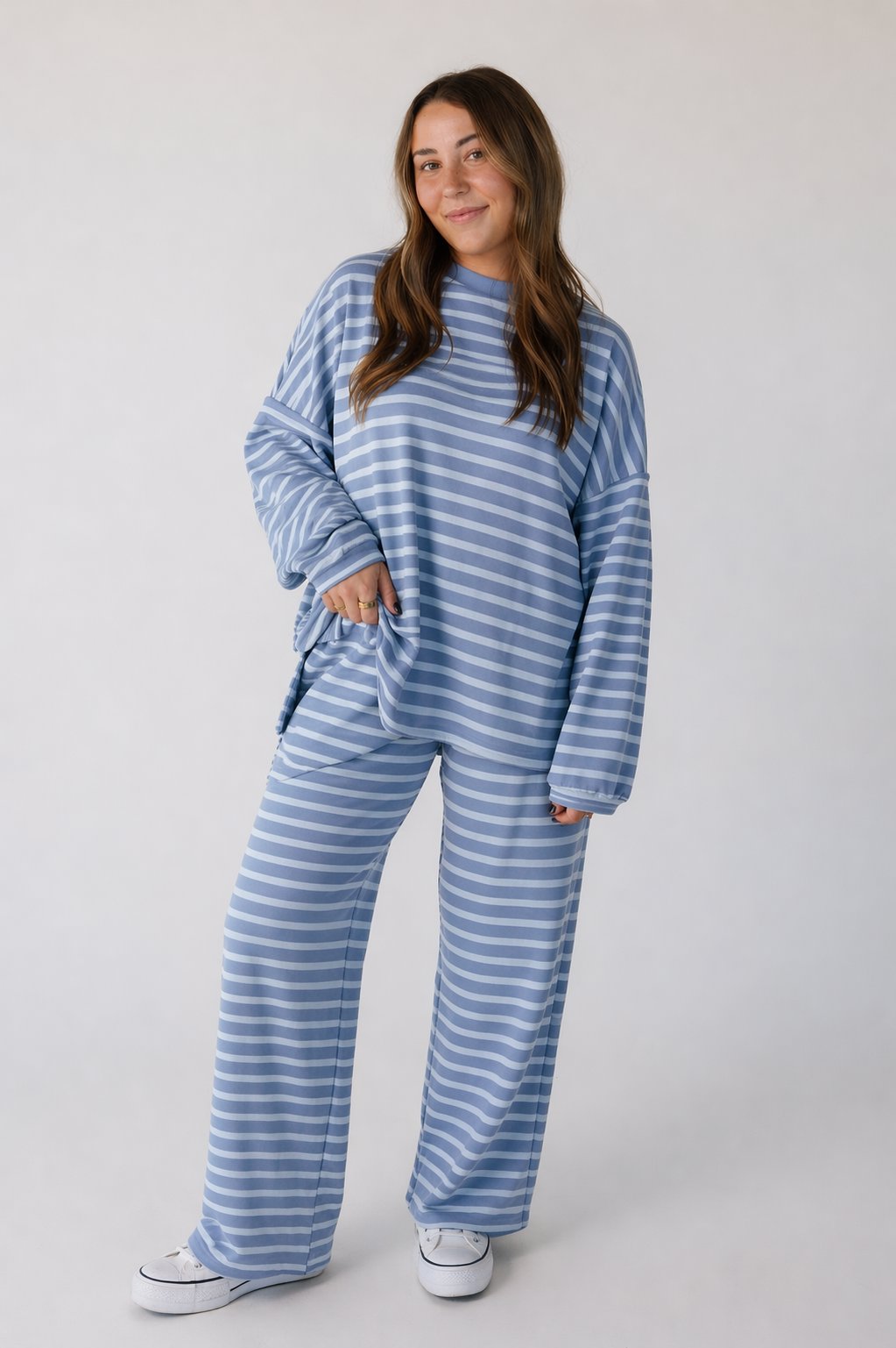 Cutie Petite Everyday Cotton Ribbed Stripe Set in light blue for women and teens.