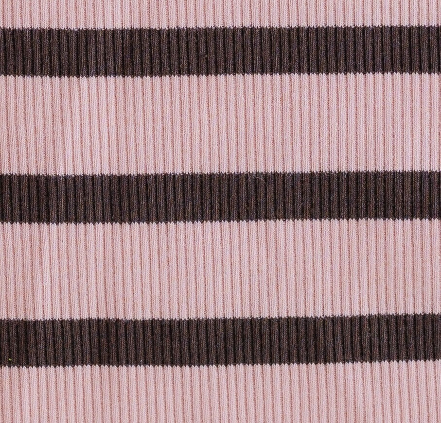 Pink and brown stripe cotton ribbed fabric swatch.