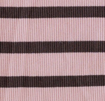 Pink and brown stripe cotton ribbed fabric swatch.