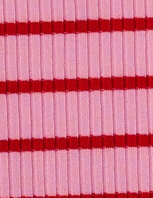 Pink with a red stripe fabric swatch.