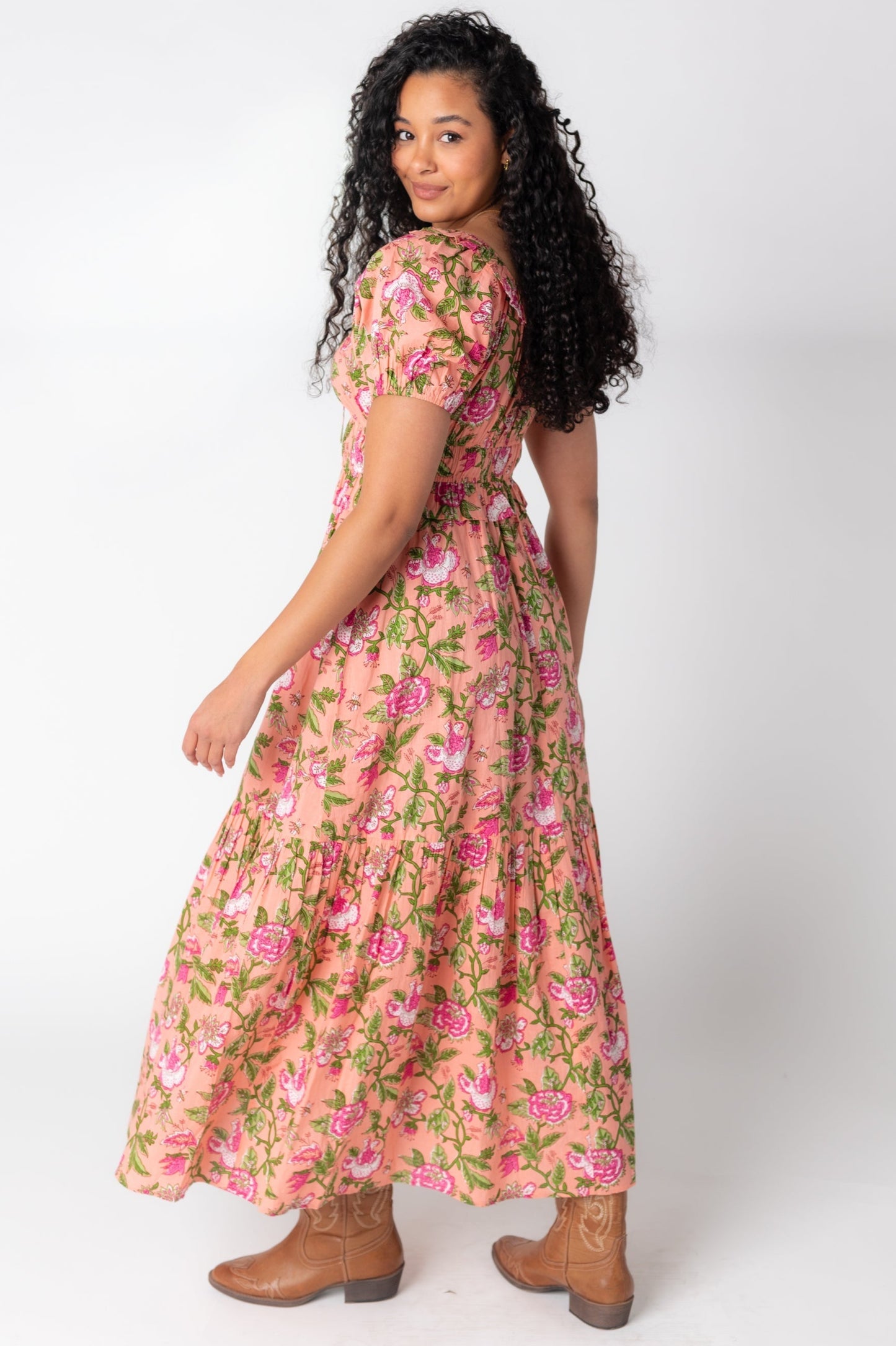 Peach floral midi with short sleeves