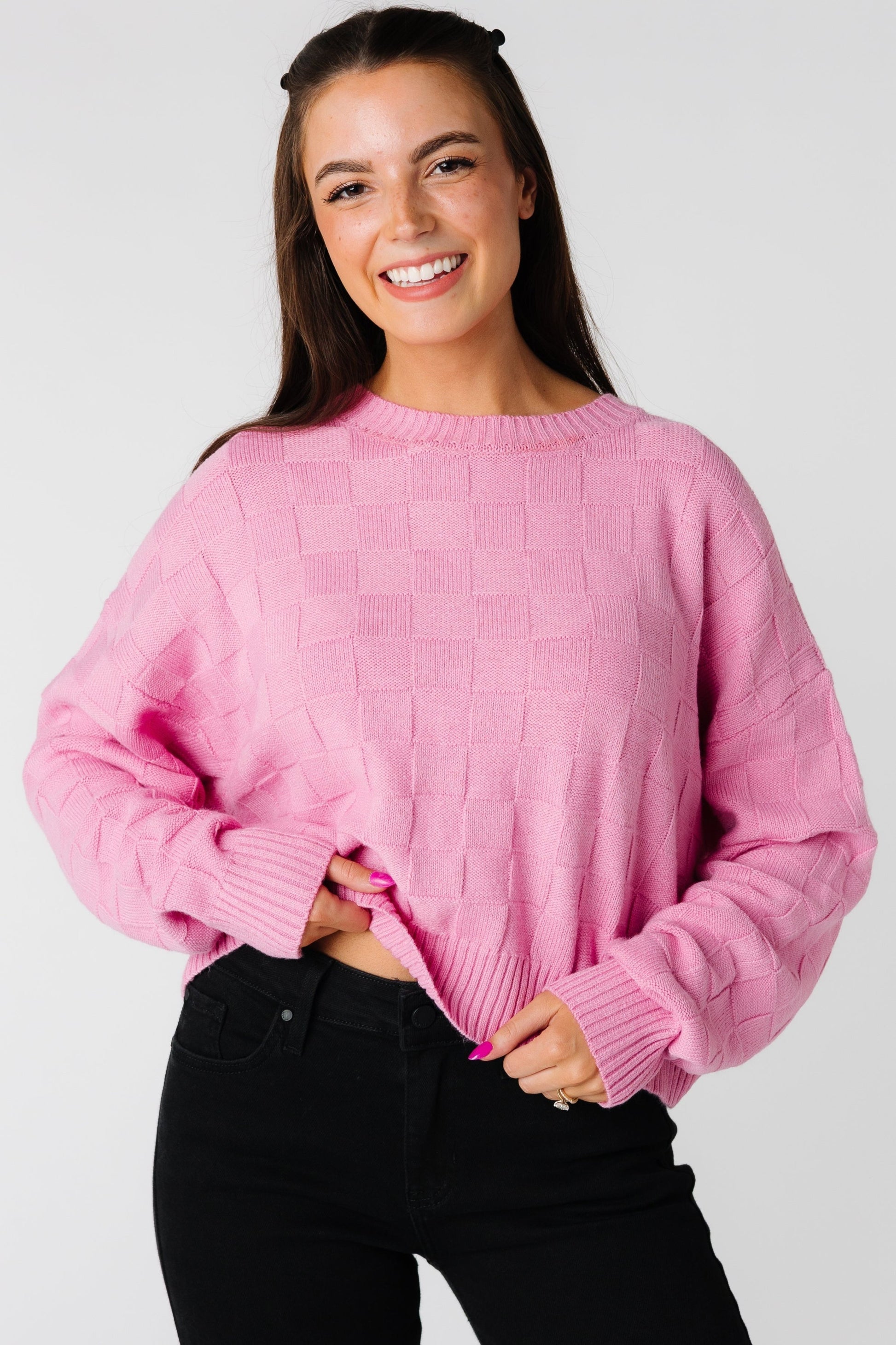 Modest loose fitting pink sweater