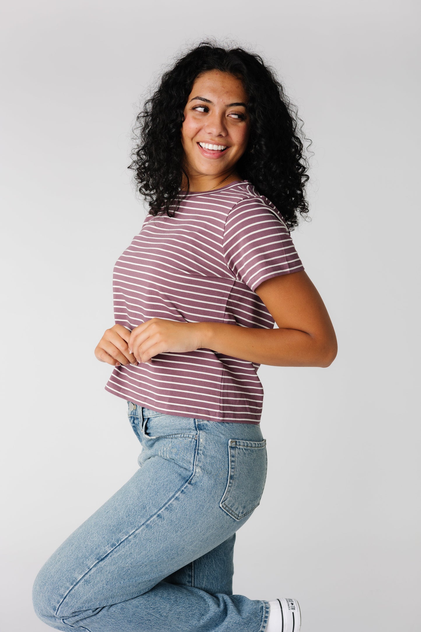 Plum tee with white stripes