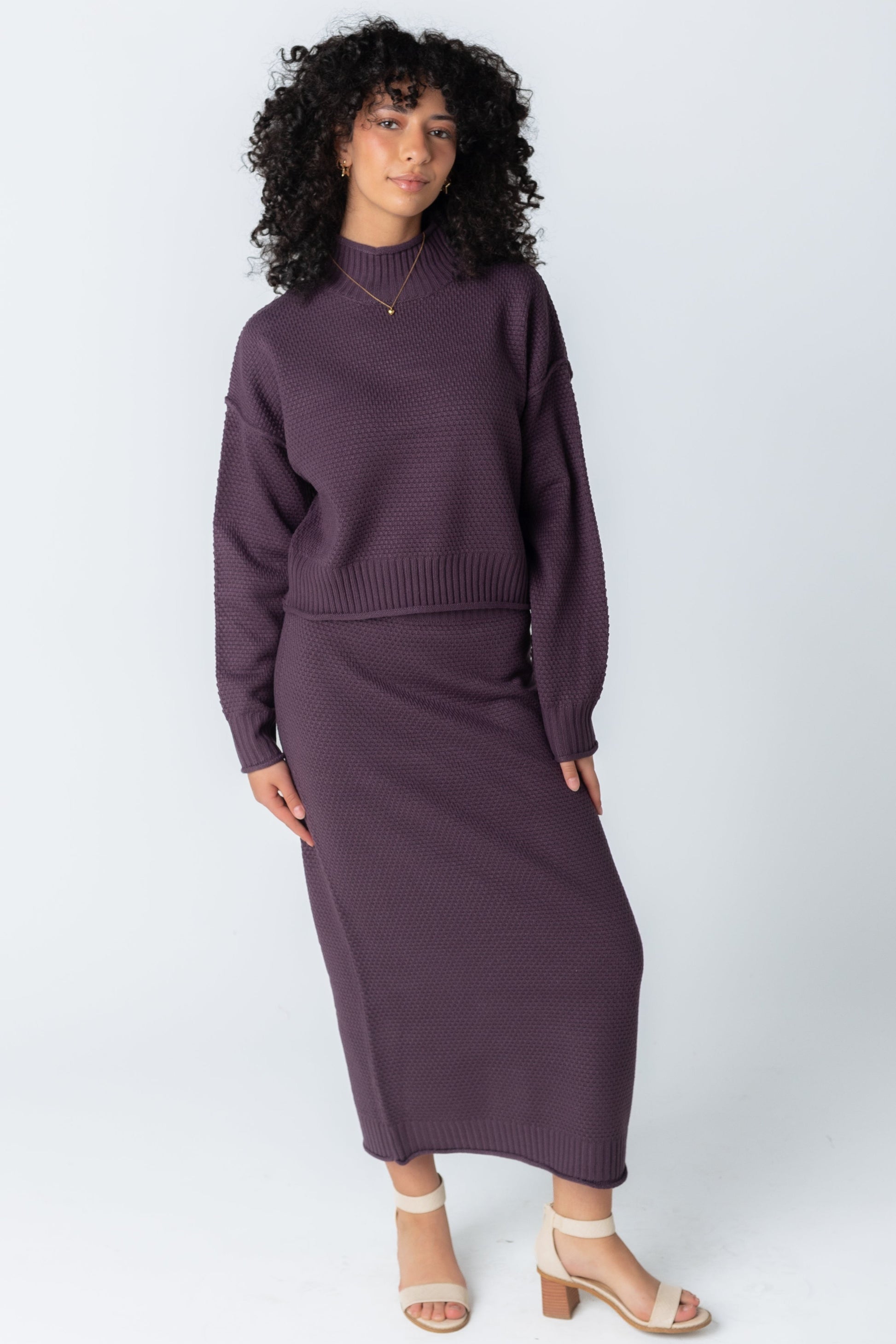 Modest plum long sleeve sweater and midi skirt set