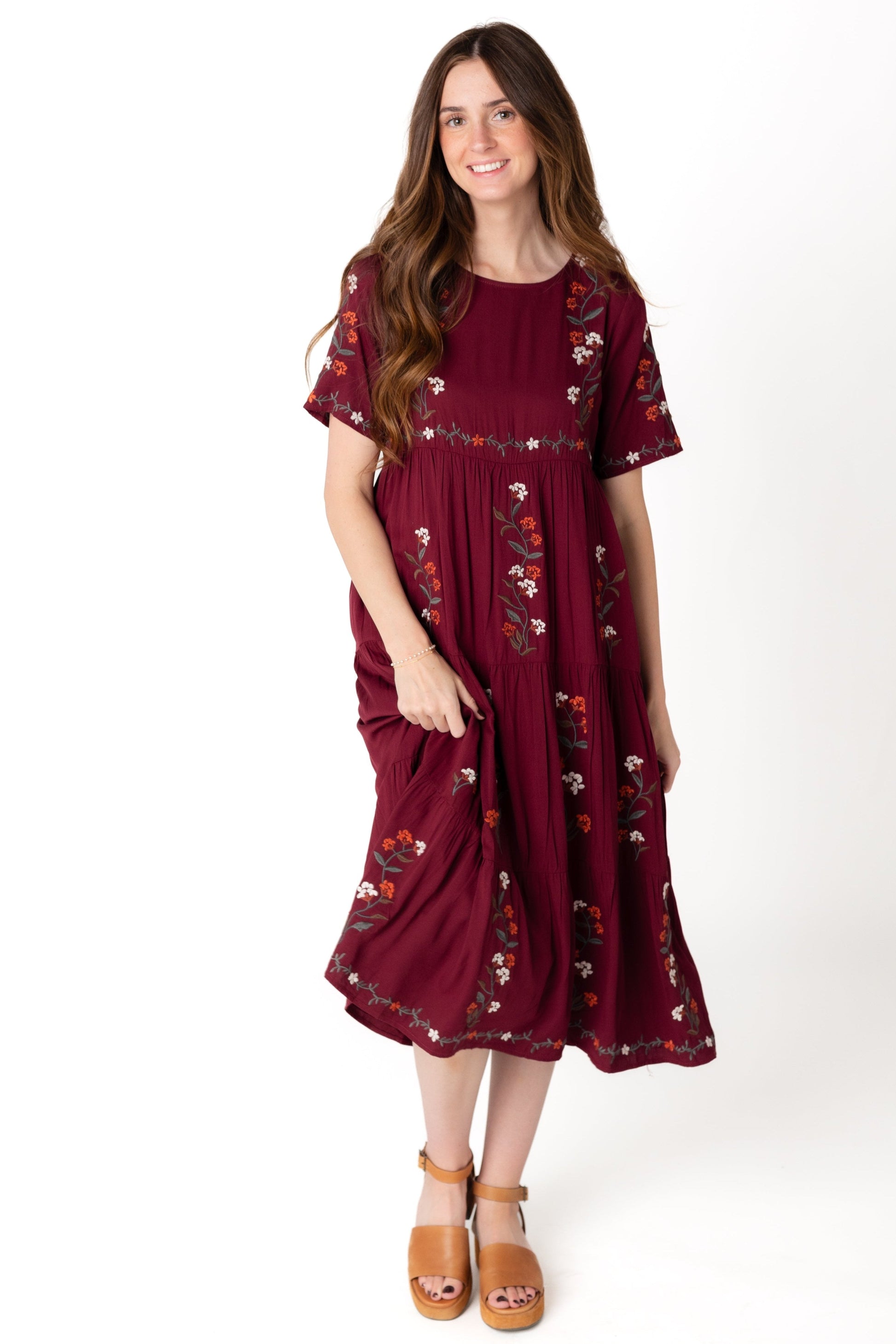 Plum loose fitting embroidered dress with short sleeves