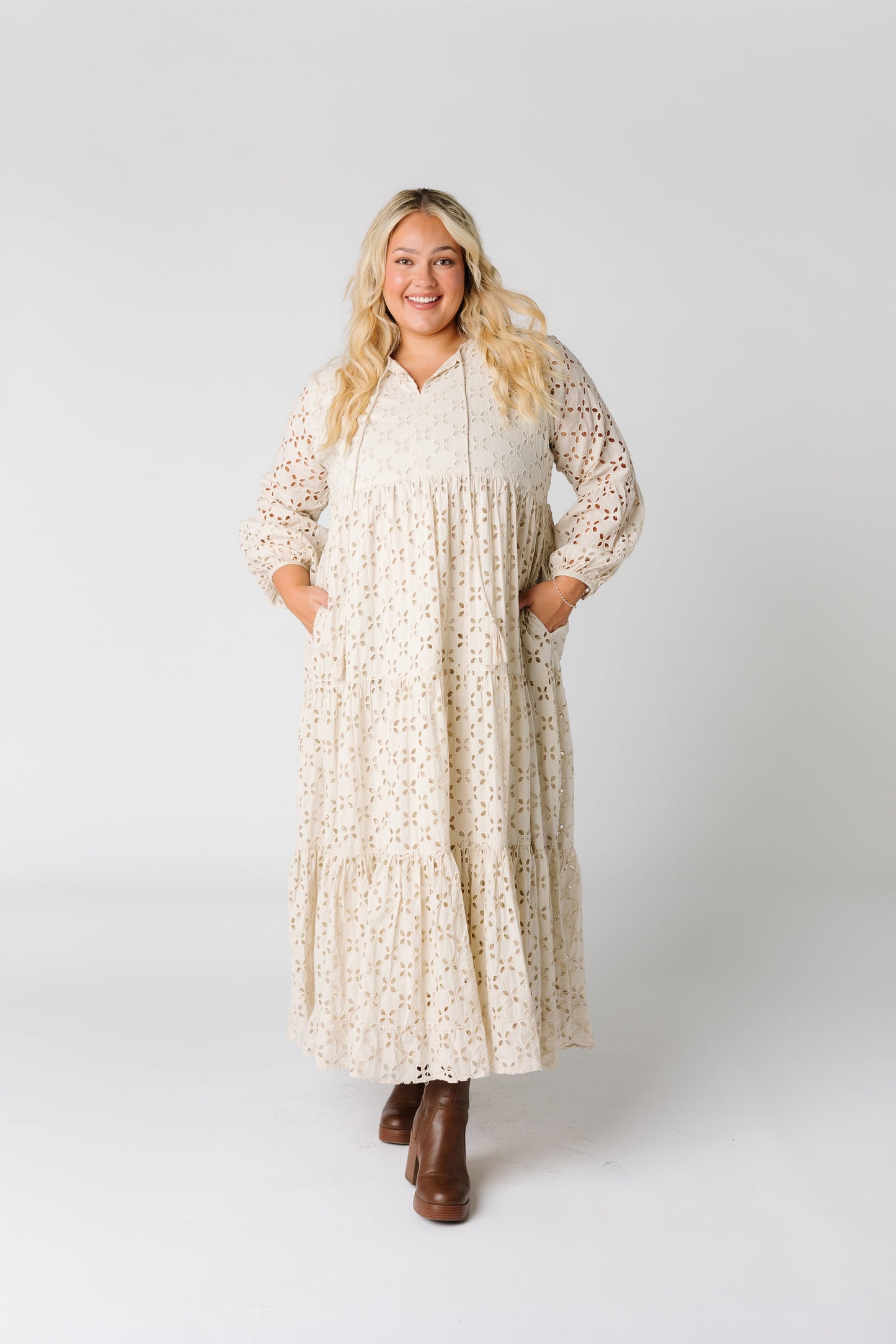 Cream all eyelet midi dress in plus size