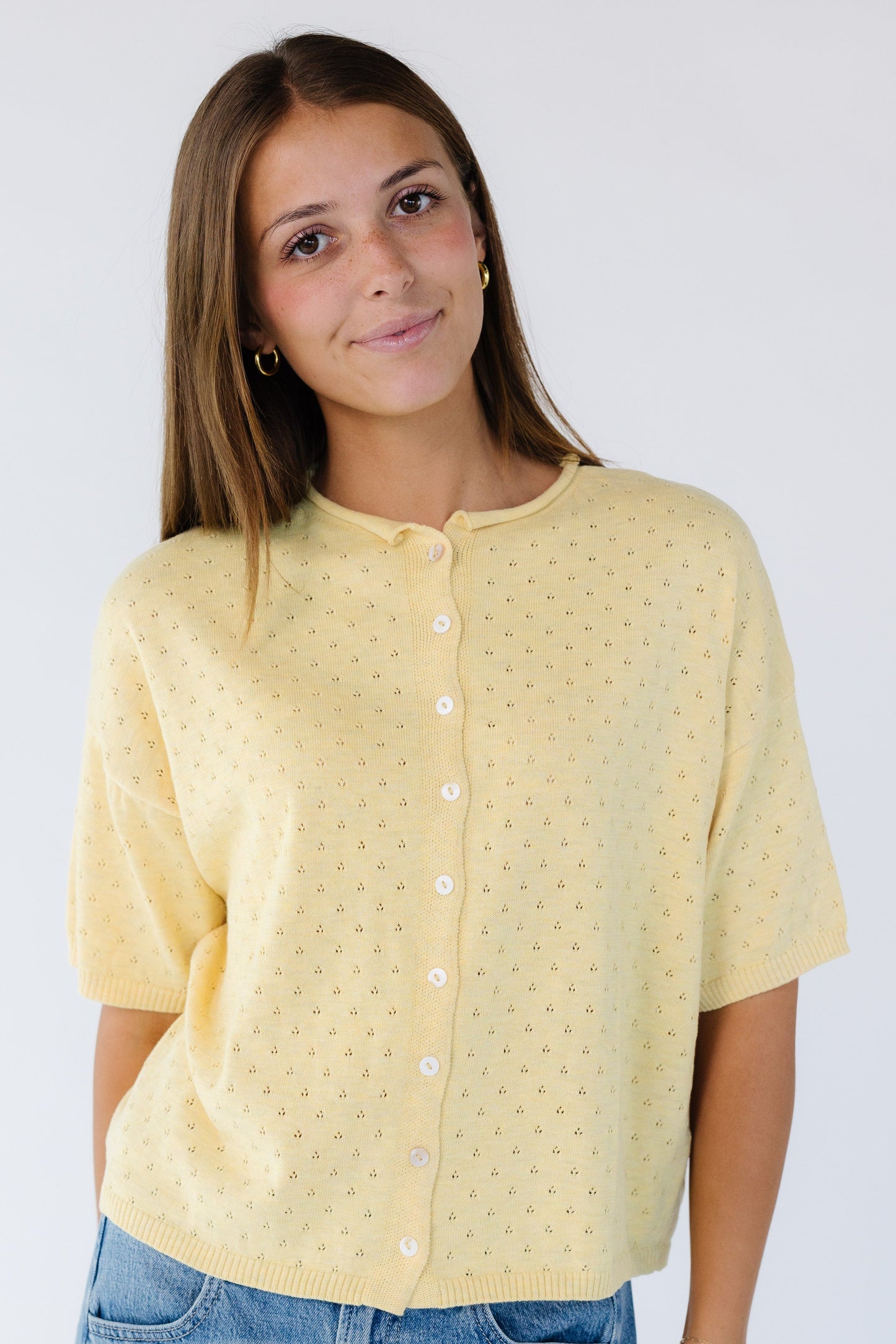 Pointelle Piper Cardigan in light yellow for women and teen girls.