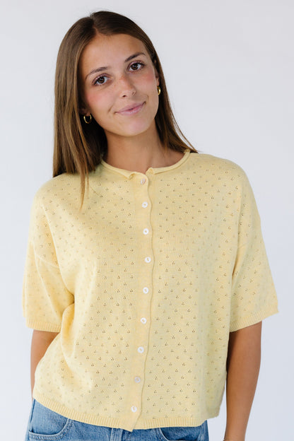Pointelle Piper Cardigan in light yellow for women and teen girls.