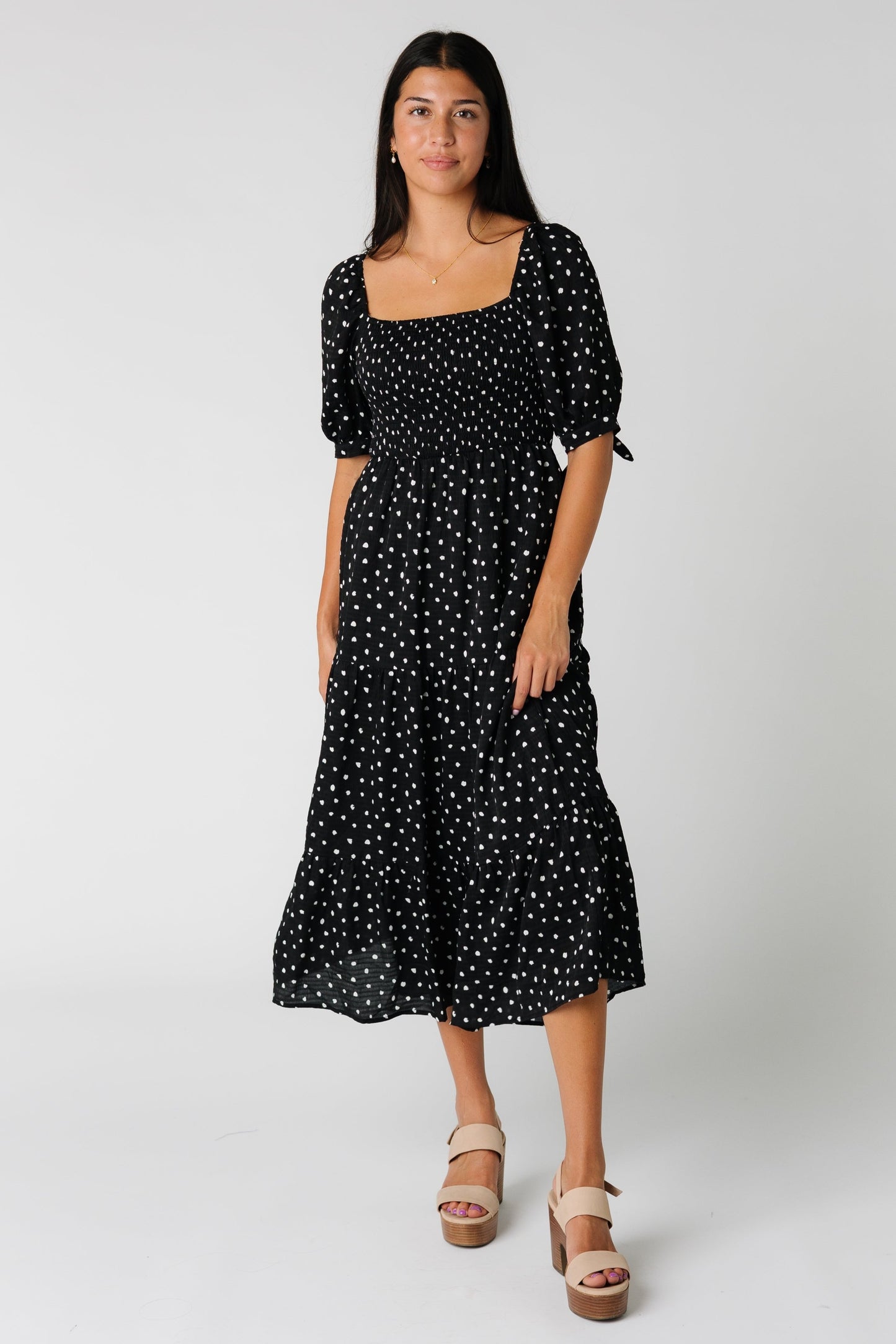 Black print  midi dress with modest square neckline