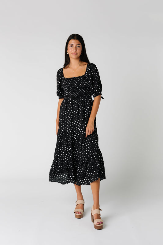 Black print  midi dress with modest square neckline