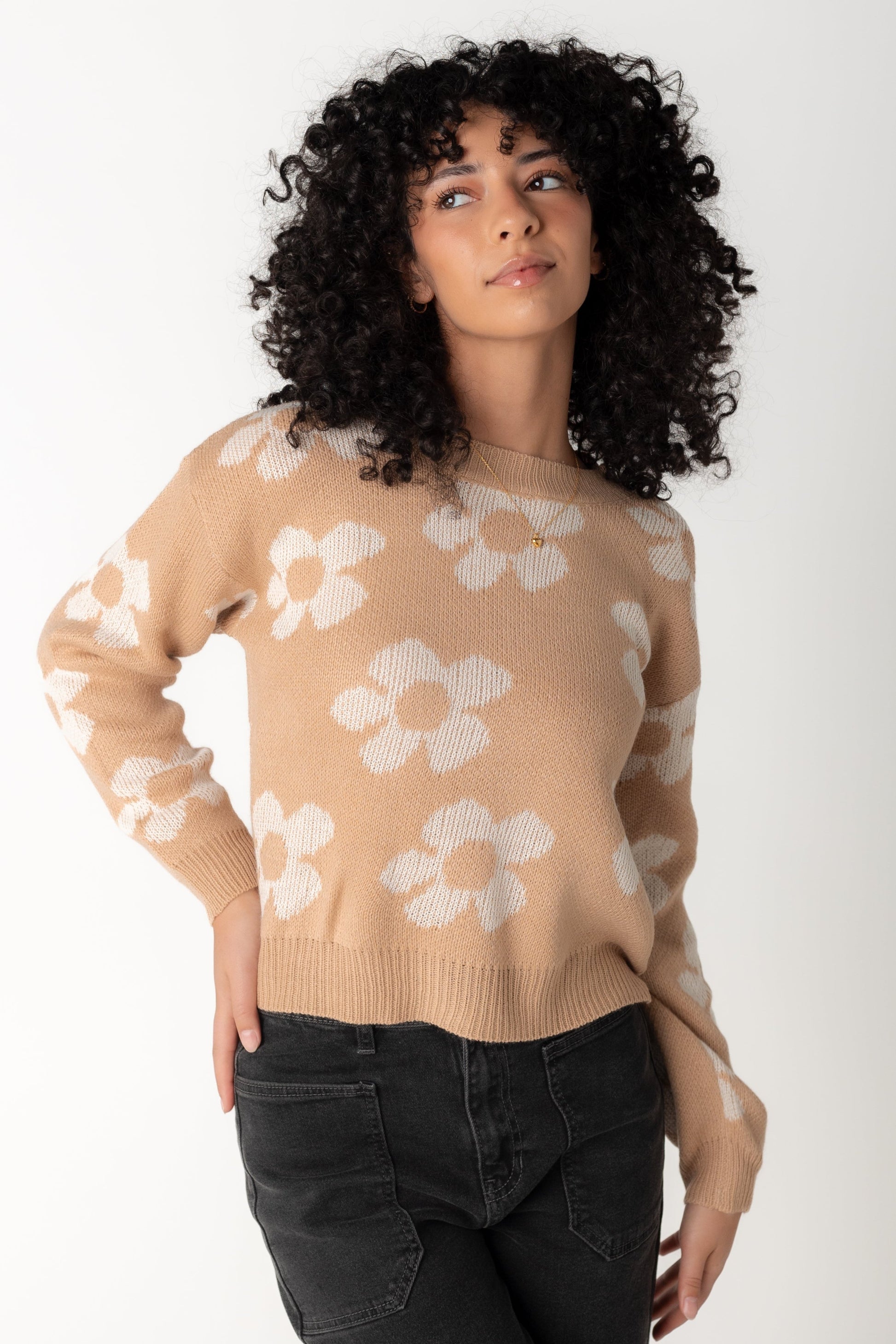 Khaki floral sweater with long sleeves