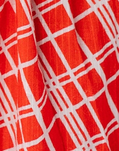 Red and white plaid fabric swatch.