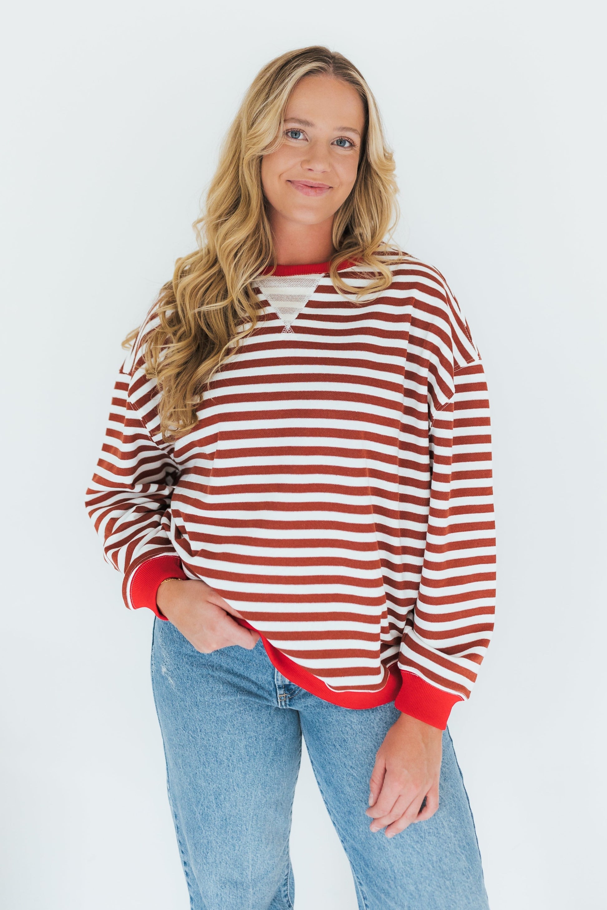 Long sleeve stripe sweatshirt in rust and white