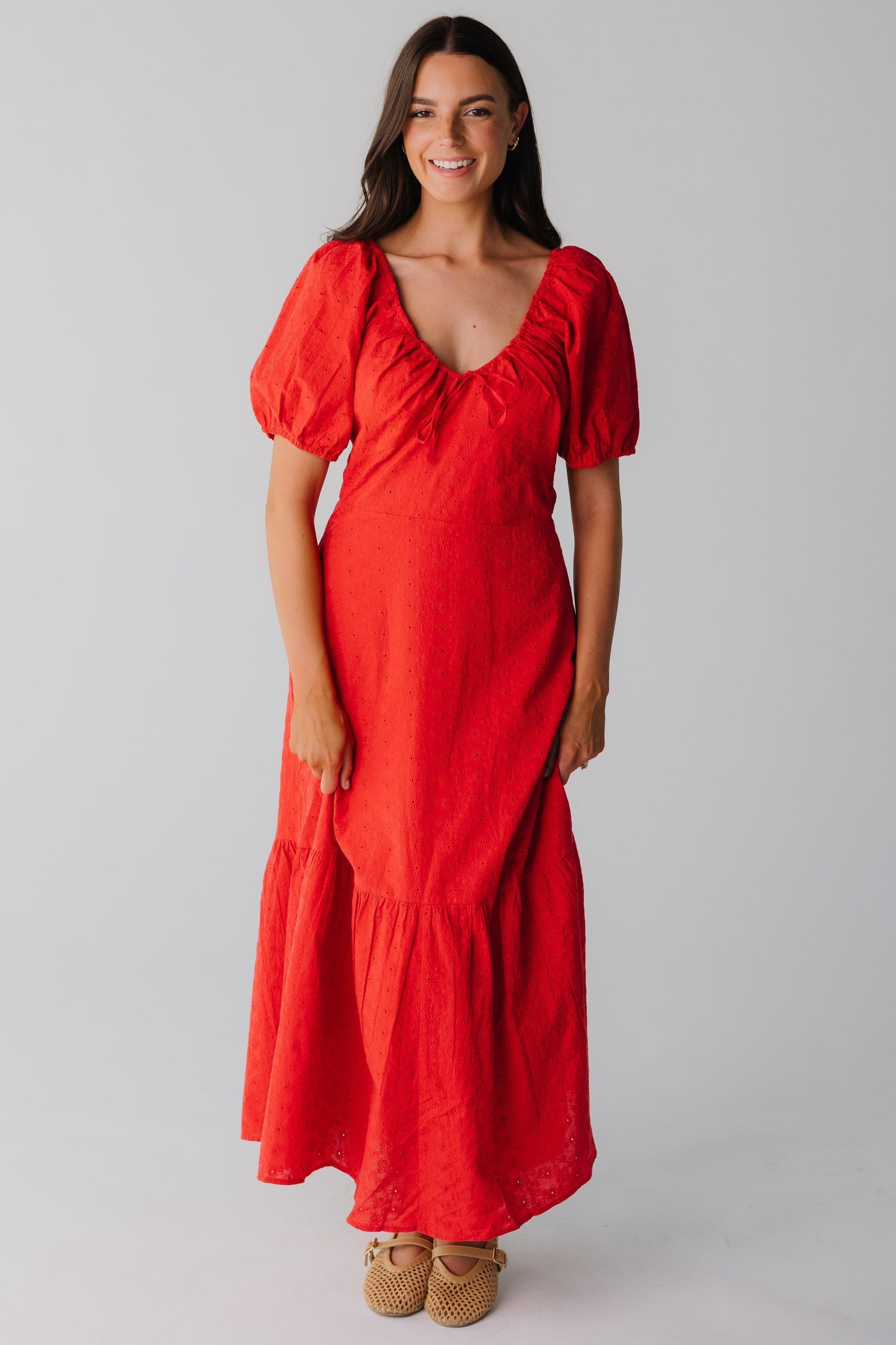 Women Citrus Citrus Alba Eyelet Midi Dress Red / XS Women Citrus Citrus Alba Eyelet Midi Dress Red / XS